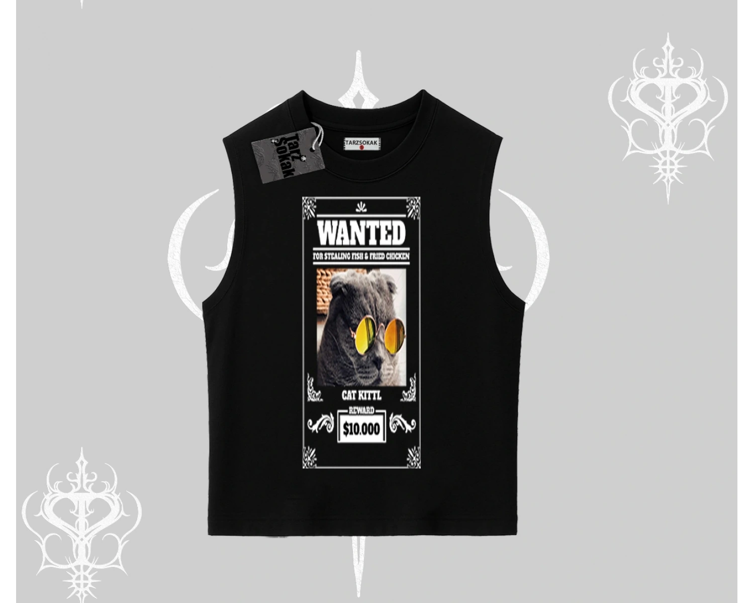 Wanted Temalı Kedi Baskılı Kolsuz Tshirt