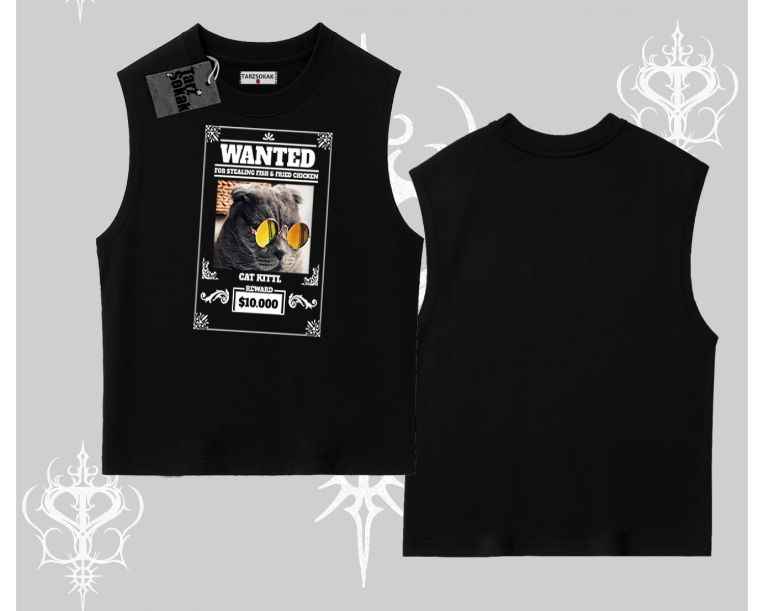 Wanted Temalı Kedi Baskılı Kolsuz Tshirt