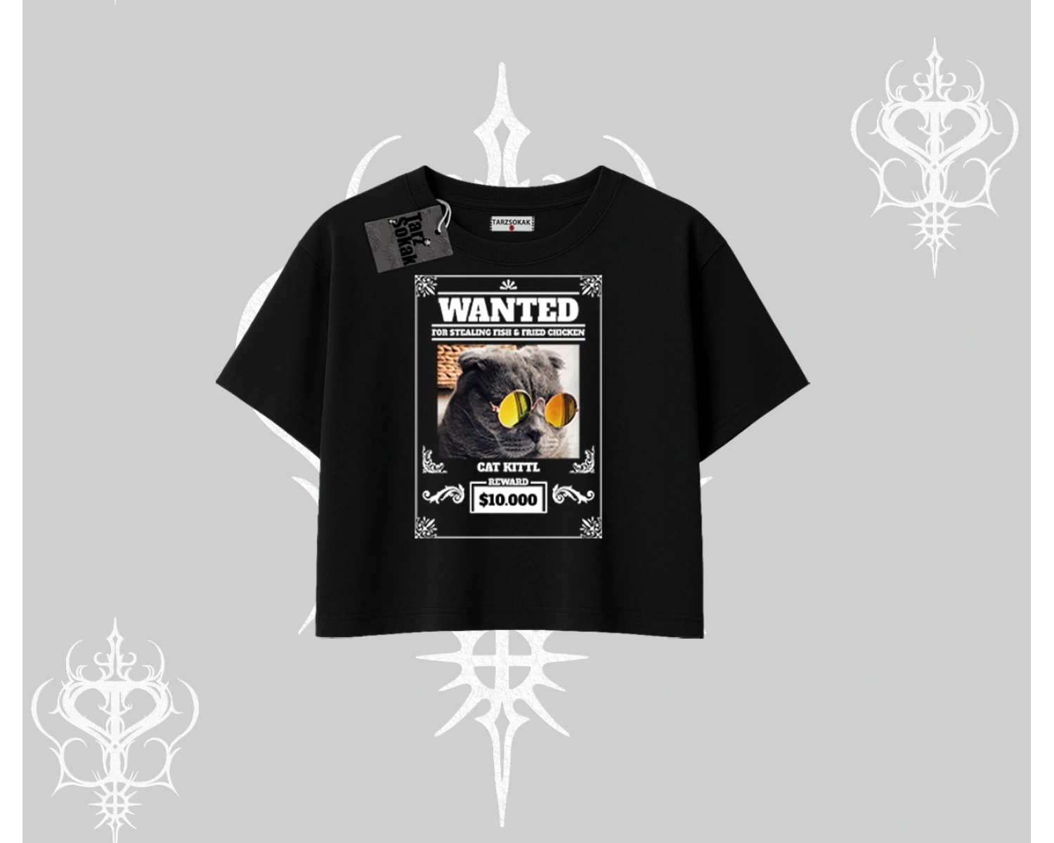 Wanted Temalı Kedi Baskılı Oversize Crop Tshirt