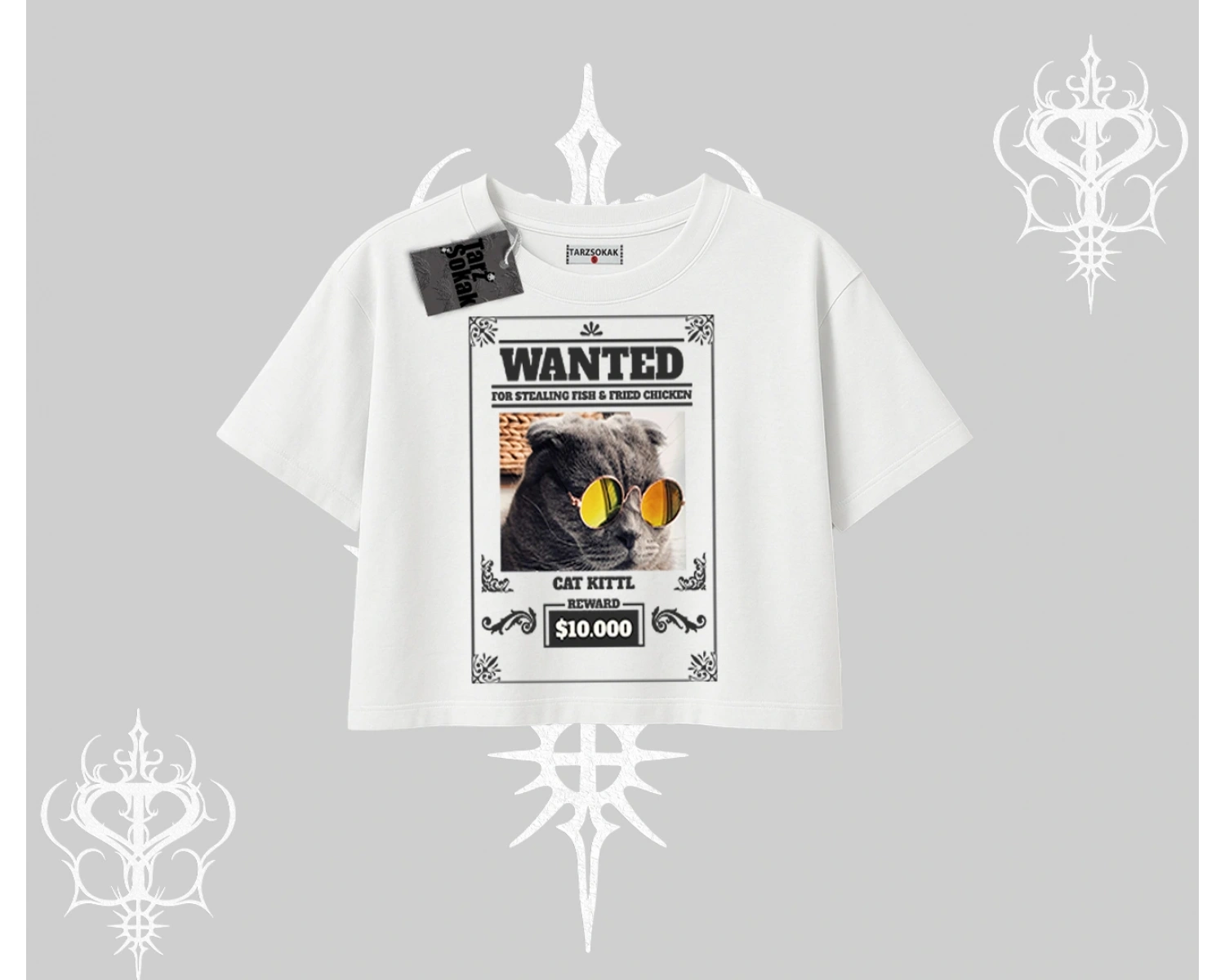 Wanted Temalı Kedi Baskılı Oversize Crop Tshirt