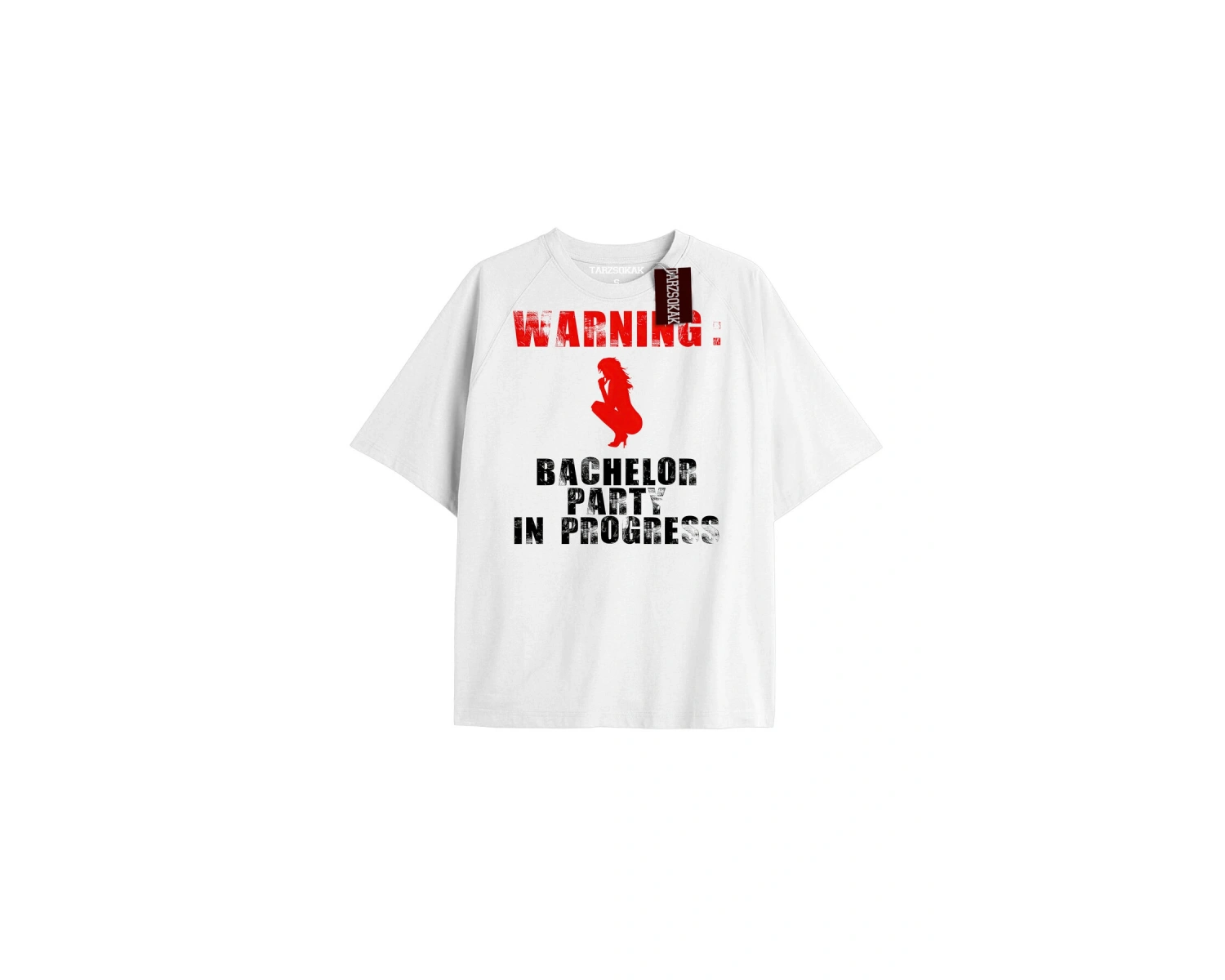 WARNING BACHELOR PARTY Unisex Oversize Yazılı Tshirt BEYAZ