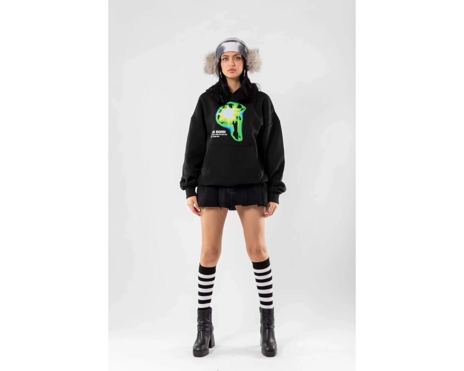 WE BORN Baskılı Oversize Unisex Siyah