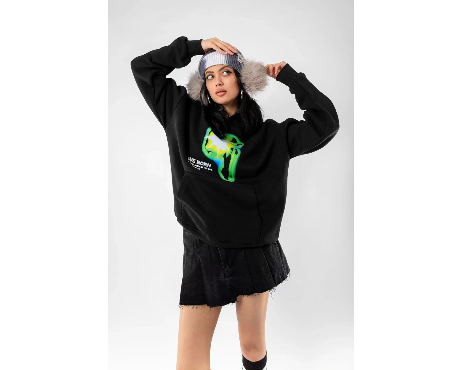 WE BORN Baskılı Oversize Unisex Siyah