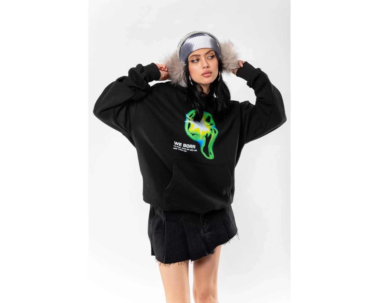 WE BORN Baskılı Oversize Unisex Siyah