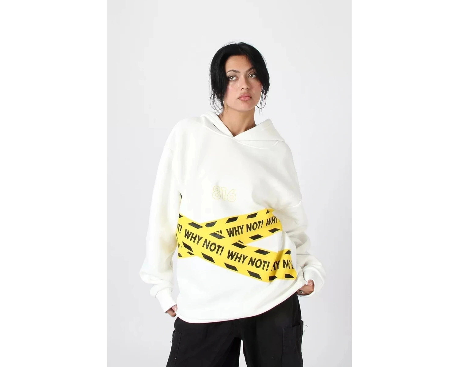Why Not Baskılı Beyaz Oversize Unisex Kapüşonlu