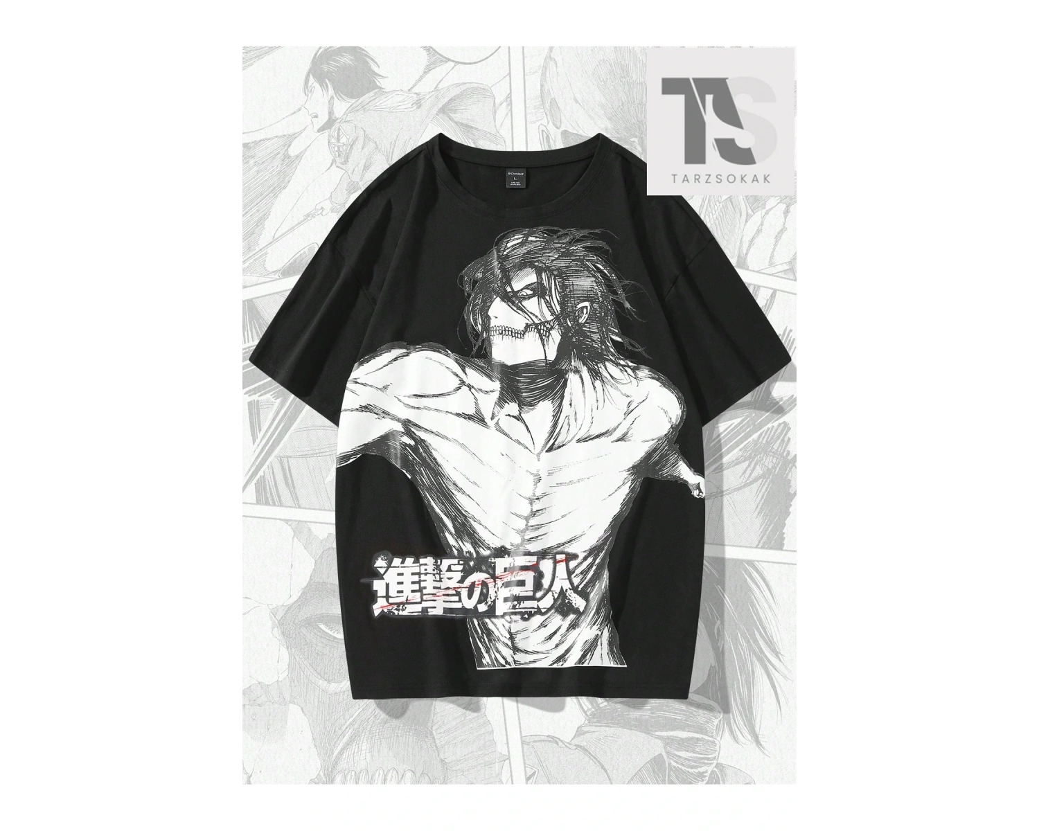 X Attack on Titan Erkek Figürü ve Japon Harfli Grafik Tişört