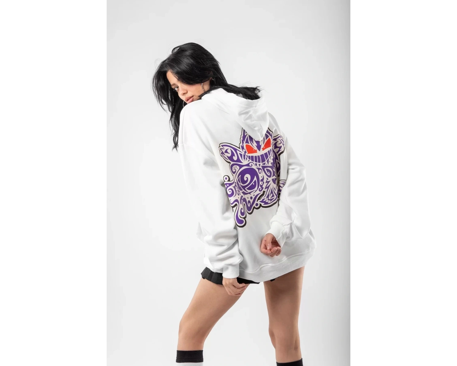 y2K Gengar Sırt Baskılı Oversize Unisex Beyaz