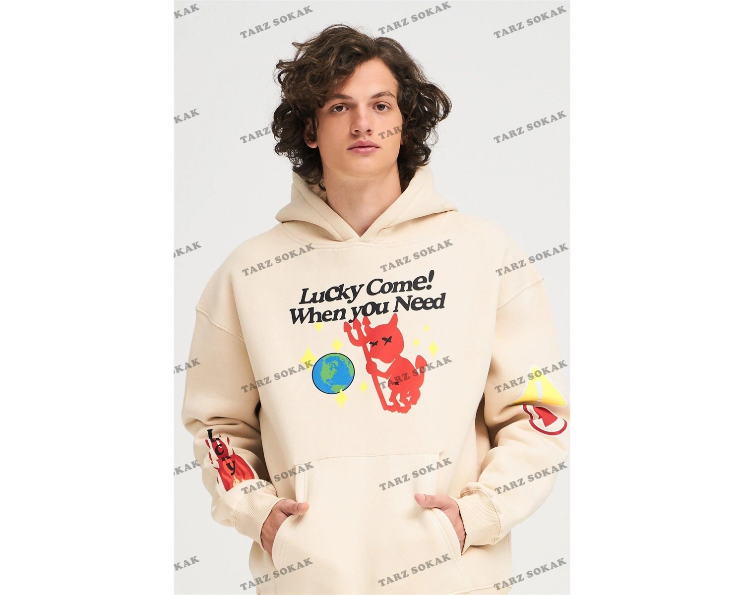 Y2K Unisex Lucky Come Sweatshirt Hoodie KOD 1933 Gri