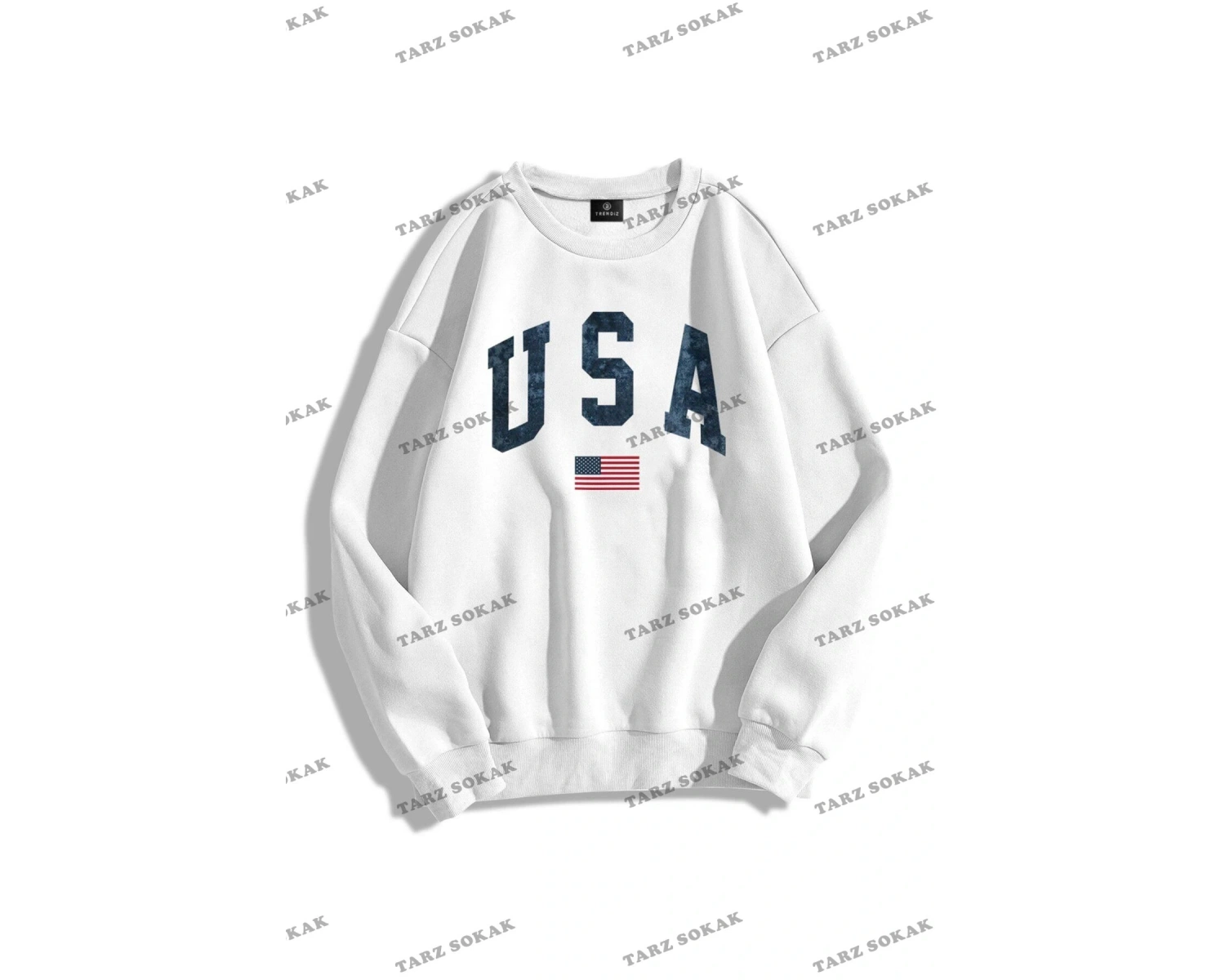Y2K Unisex Usa Flag Bisiklet Yaka Sweatshirt KOD 1830 Beyaz