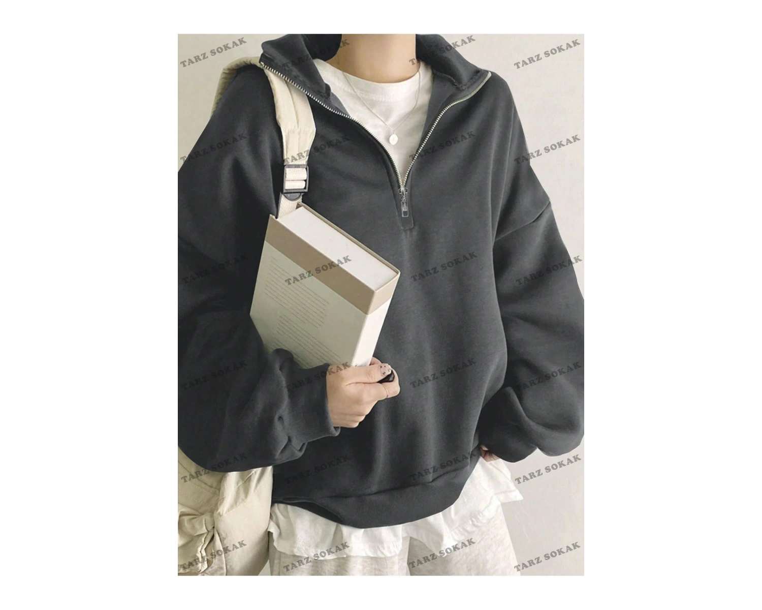 Y2K Yarım Fermuarlı Bay Sweatshirt Gri