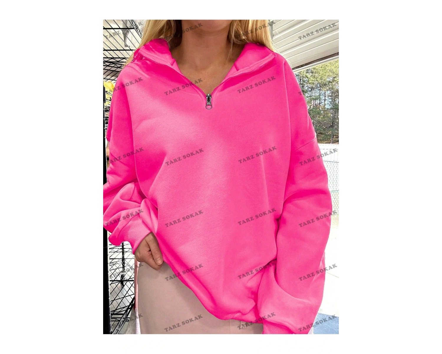 Y2K Yarım Fermuarlı Bay Sweatshirt Pembe