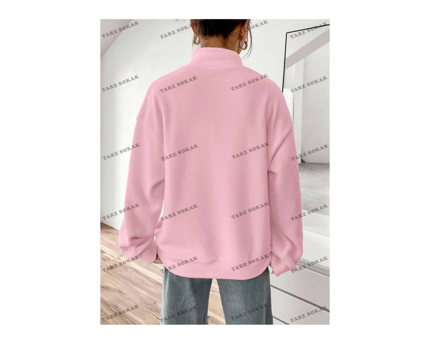 Y2K Yarım Fermuarlı Bay Sweatshirt Pembe