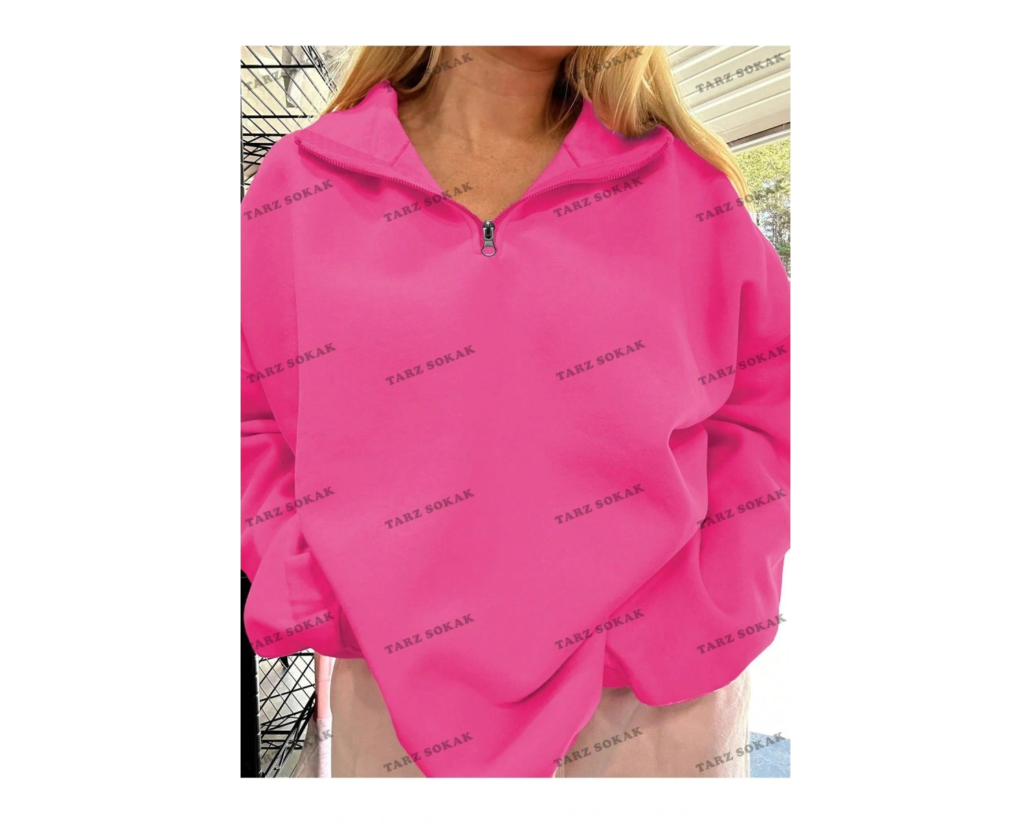 Y2K Yarım Fermuarlı Bay Sweatshirt Pembe