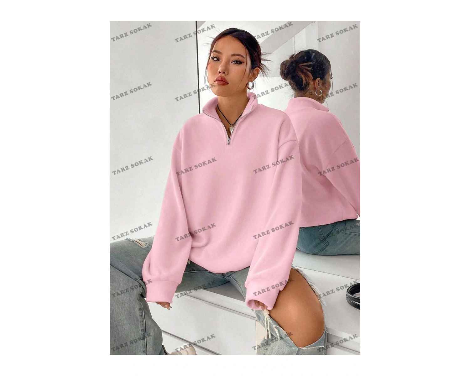 Y2K Yarım Fermuarlı Bay Sweatshirt Pembe