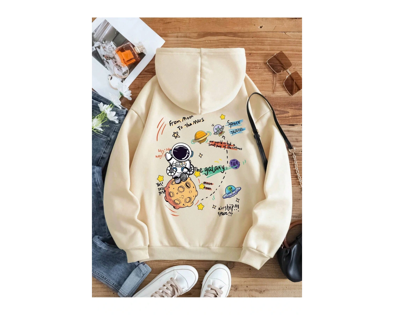 Yasolin----Galaxy Özel Baskılı Oversize Kapüşonlu Sweatshirt Bej