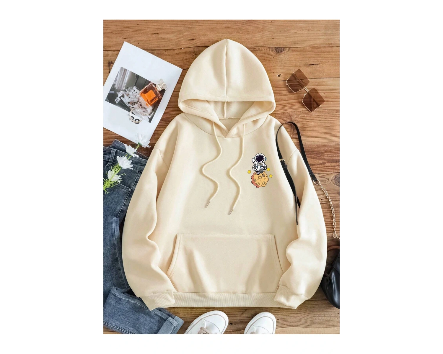 Yasolin----Galaxy Özel Baskılı Oversize Kapüşonlu Sweatshirt Bej