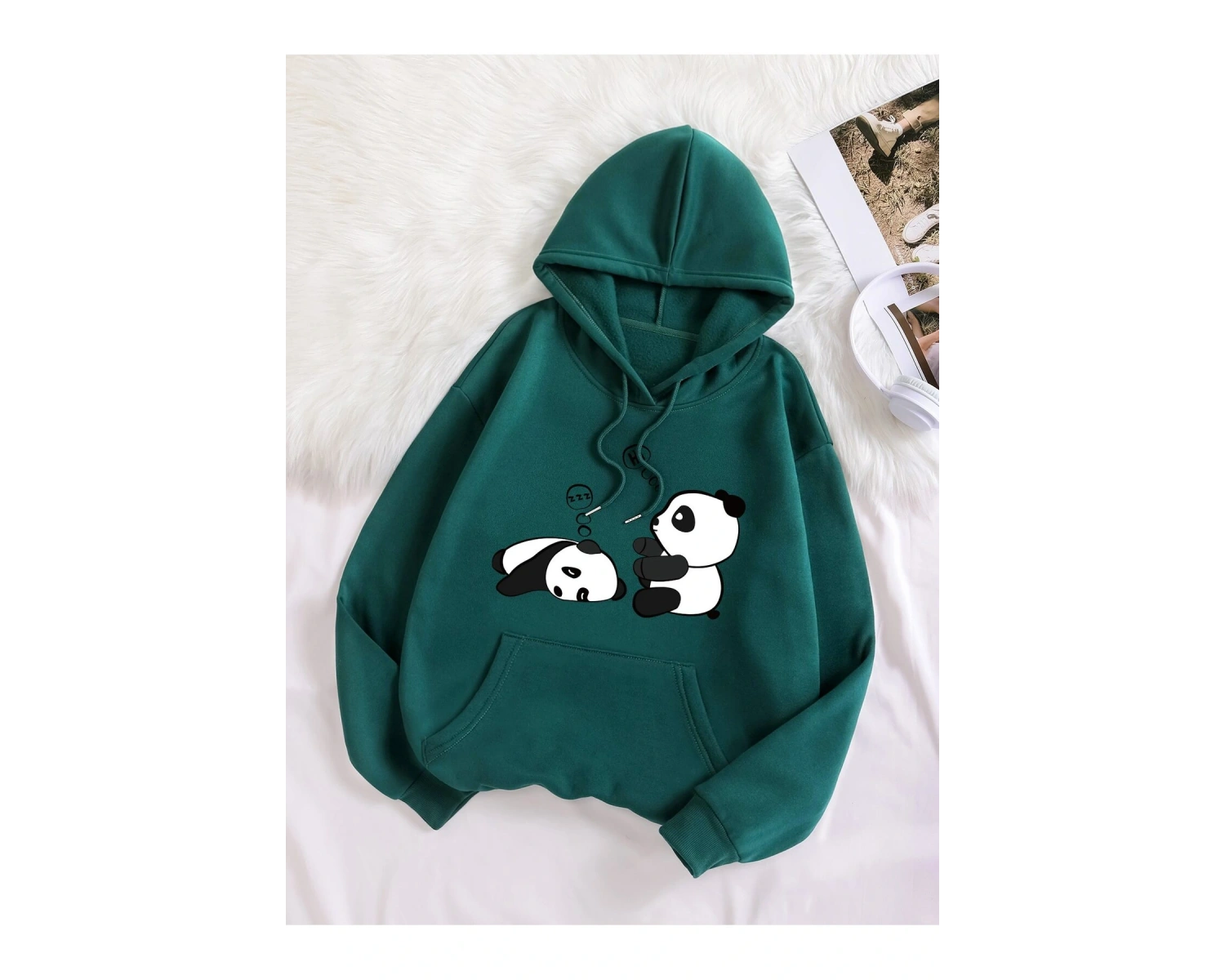 Yasolin----Haki PANDA Özel Baskılı Oversize Kapüşonlu Sweatshirt Haki