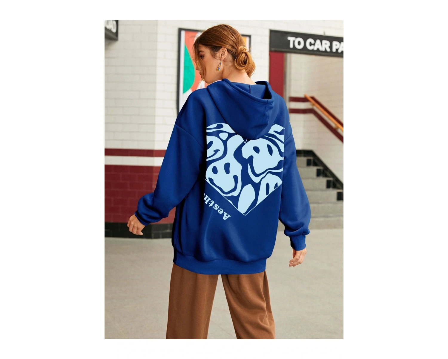 Yasolin----Kadın Aestheticism Baskılı Kapüşonlu Sweatshirt MAVİRENK