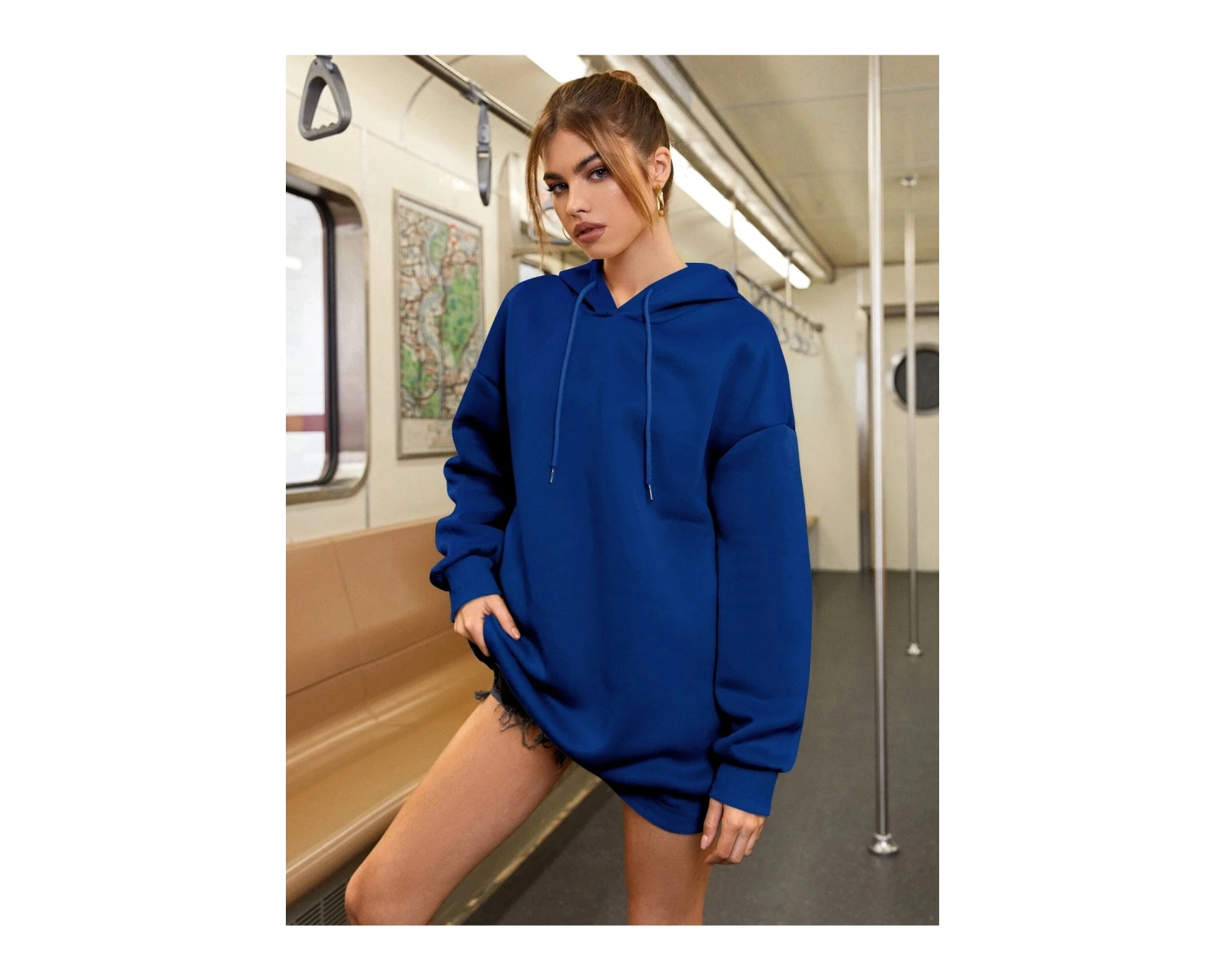 Yasolin----Kadın Aestheticism Baskılı Kapüşonlu Sweatshirt MAVİRENK