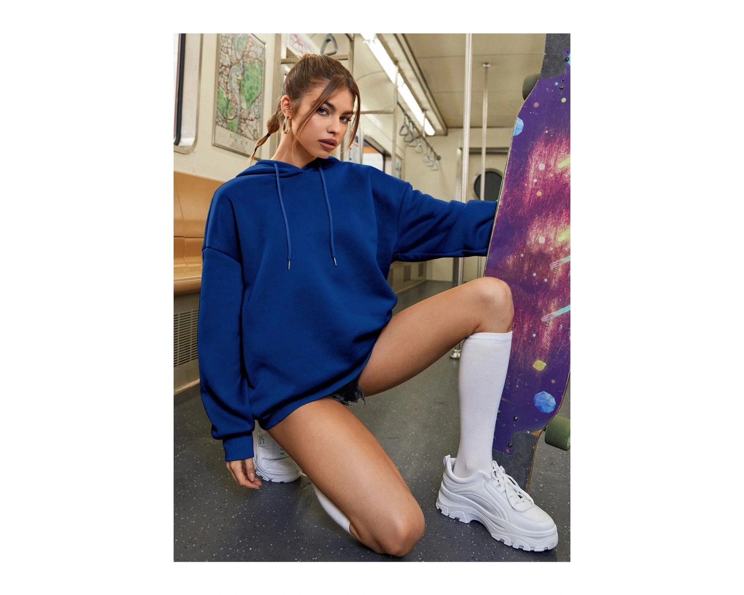 Yasolin----Kadın Aestheticism Baskılı Kapüşonlu Sweatshirt MAVİRENK