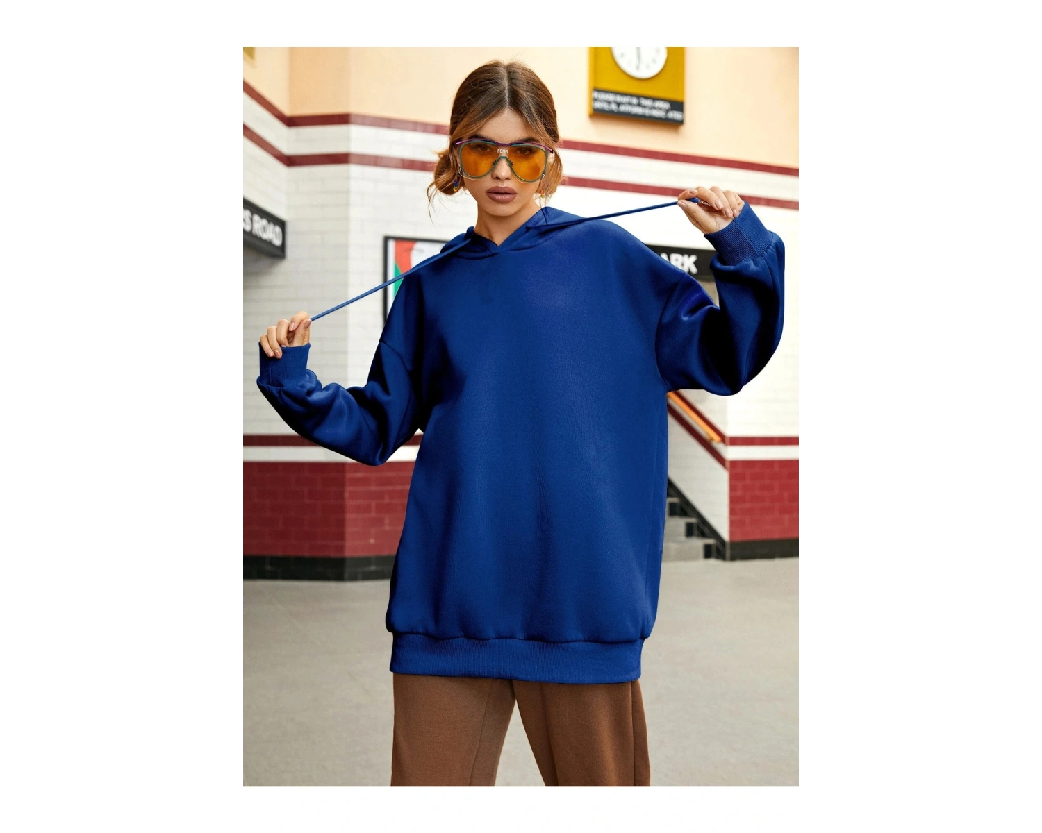 Yasolin----Kadın Aestheticism Baskılı Kapüşonlu Sweatshirt MAVİRENK