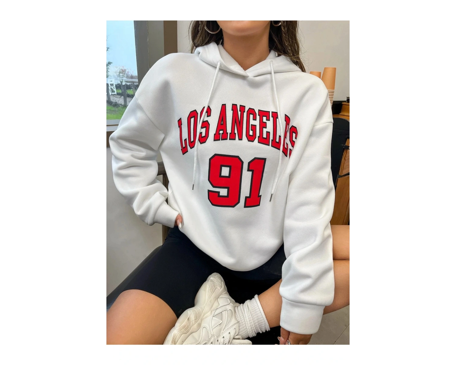 Yasolin----Kadın Beyaz Los Angeles 91 Baskılı Kapüşonlu Sweatshirt