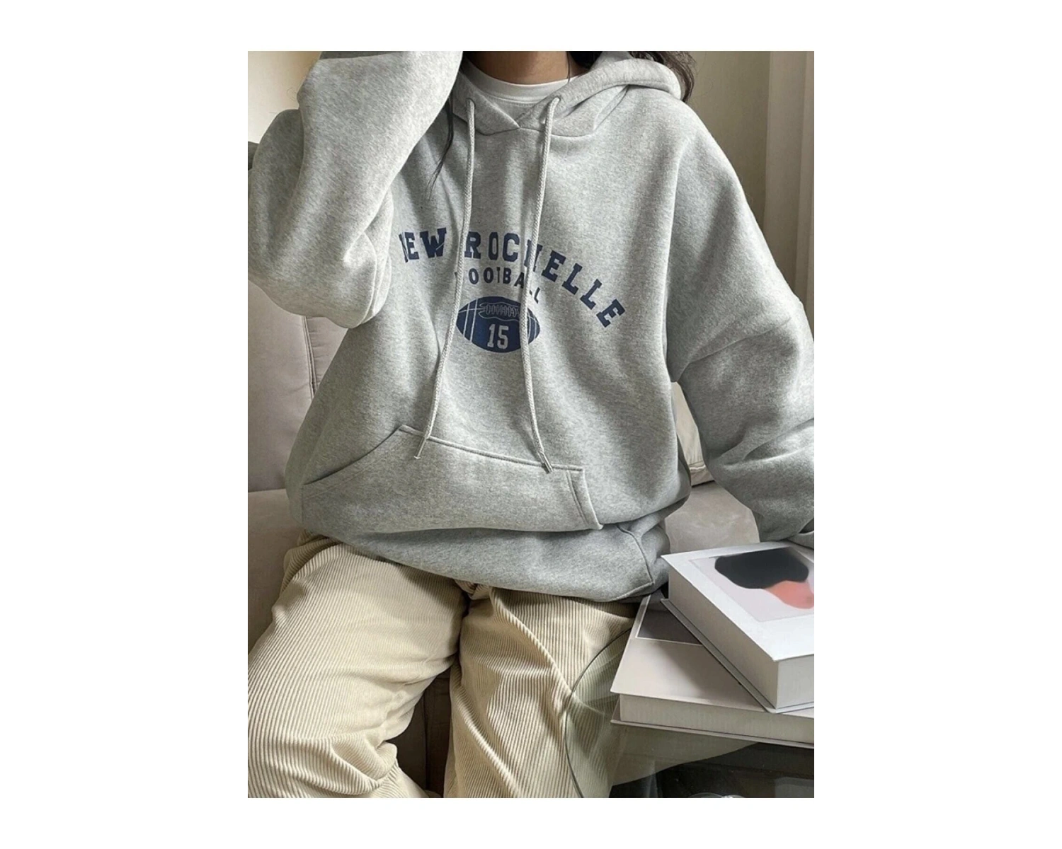 Yasolin----Kadın Gri New Rochelle Baskılı Kapüşonlu Oversize Sweatshirt