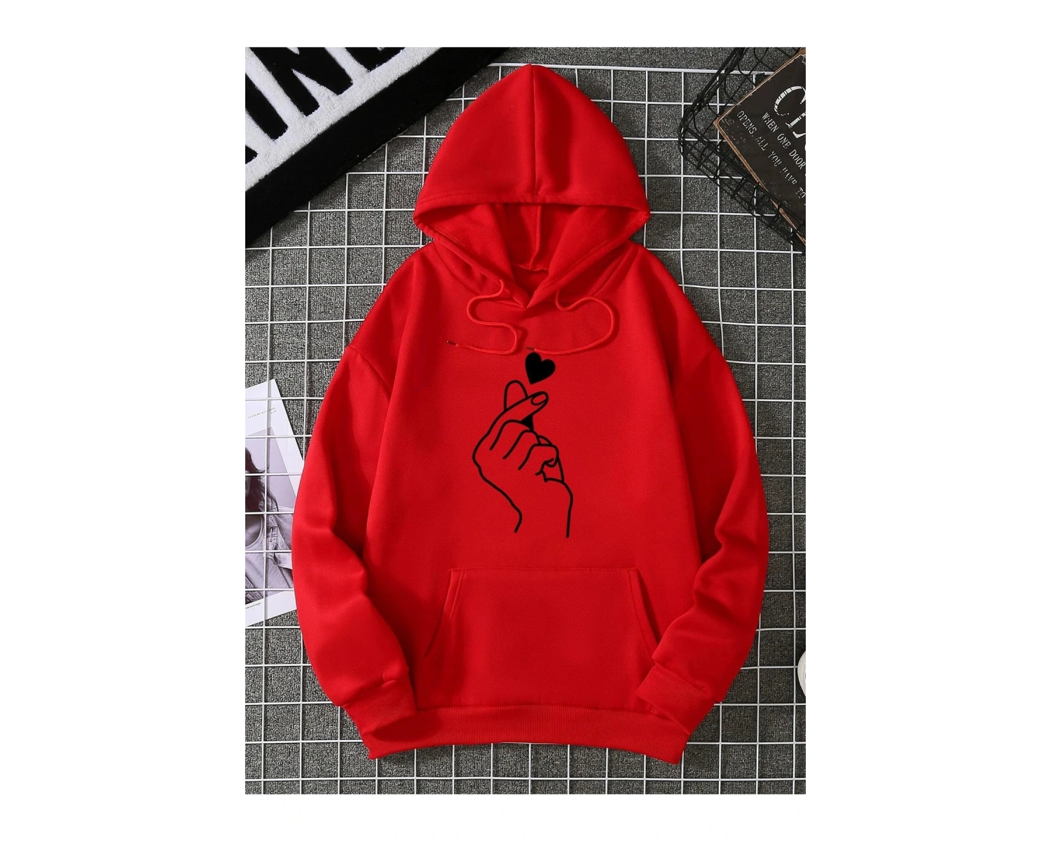 Yasolin----Kadın Heart Baskılı Kapüşonlu Sweatshirt Kırmızı