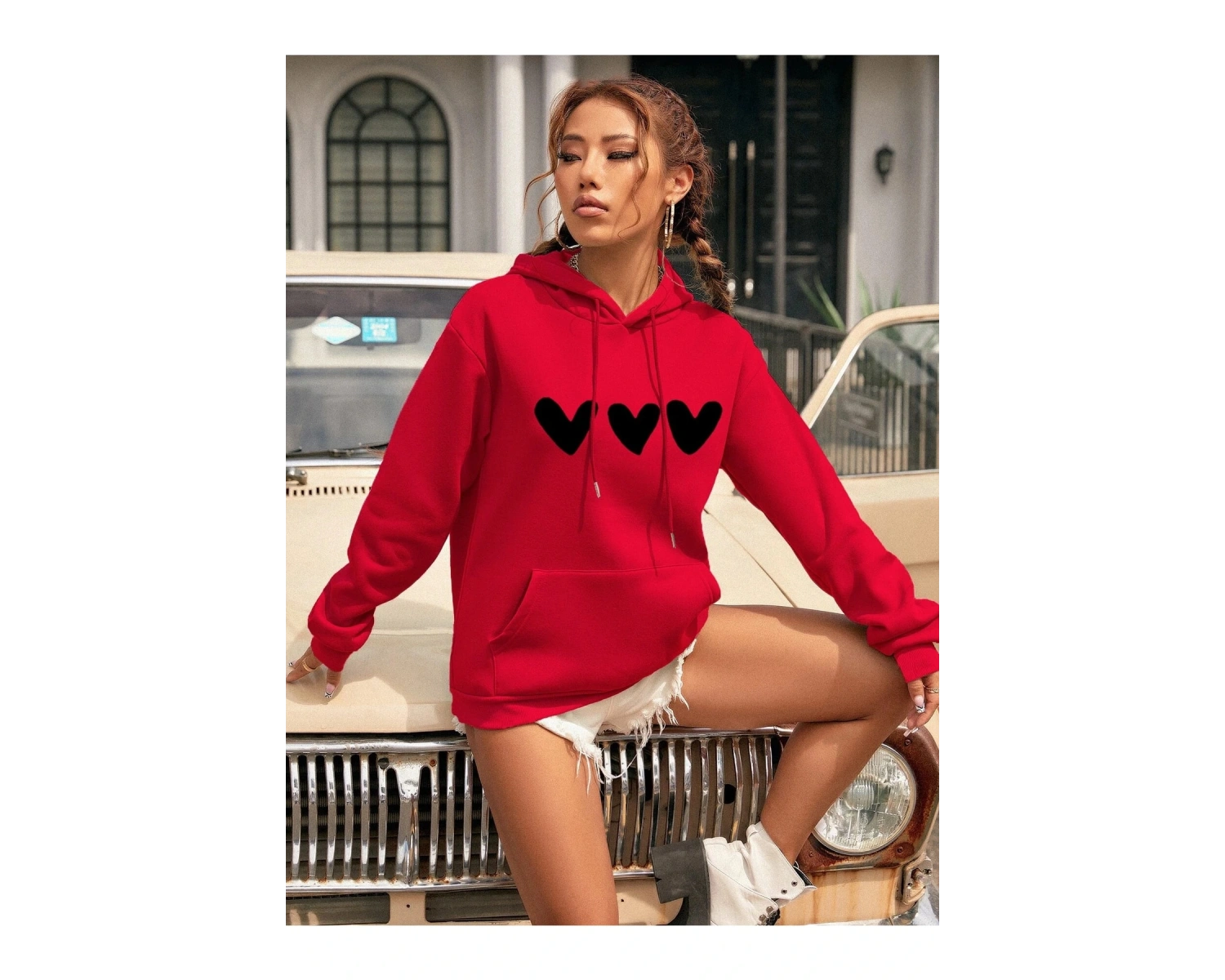 Yasolin----Kadın Kalp Baskılı Kapüşonlu Sweatshirt Kırmızı