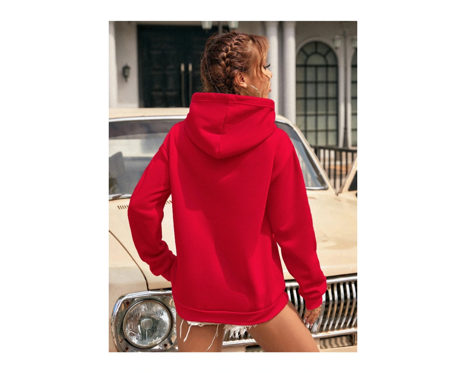 Yasolin----Kadın Kalp Baskılı Kapüşonlu Sweatshirt Kırmızı