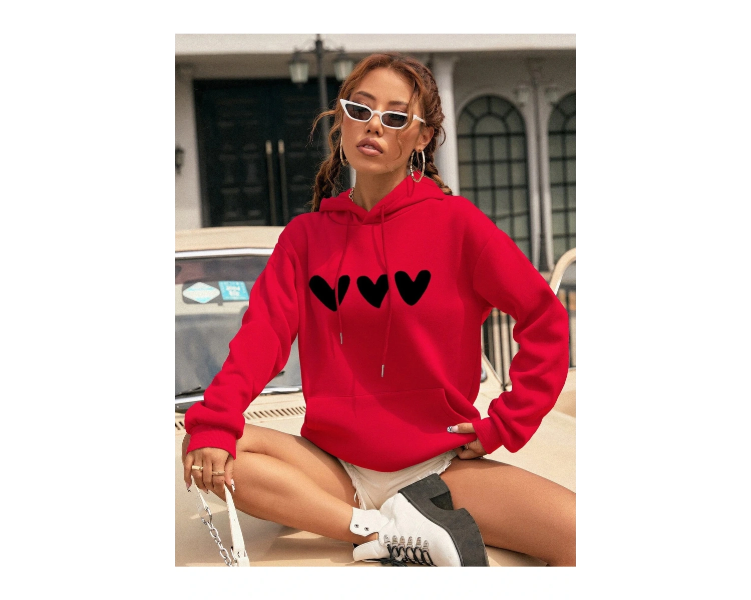 Yasolin----Kadın Kalp Baskılı Kapüşonlu Sweatshirt Kırmızı