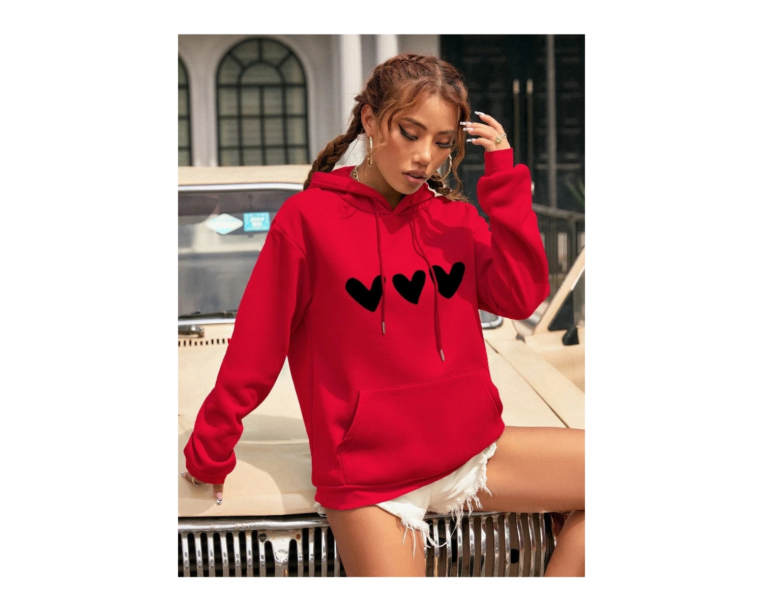 Yasolin----Kadın Kalp Baskılı Kapüşonlu Sweatshirt Kırmızı