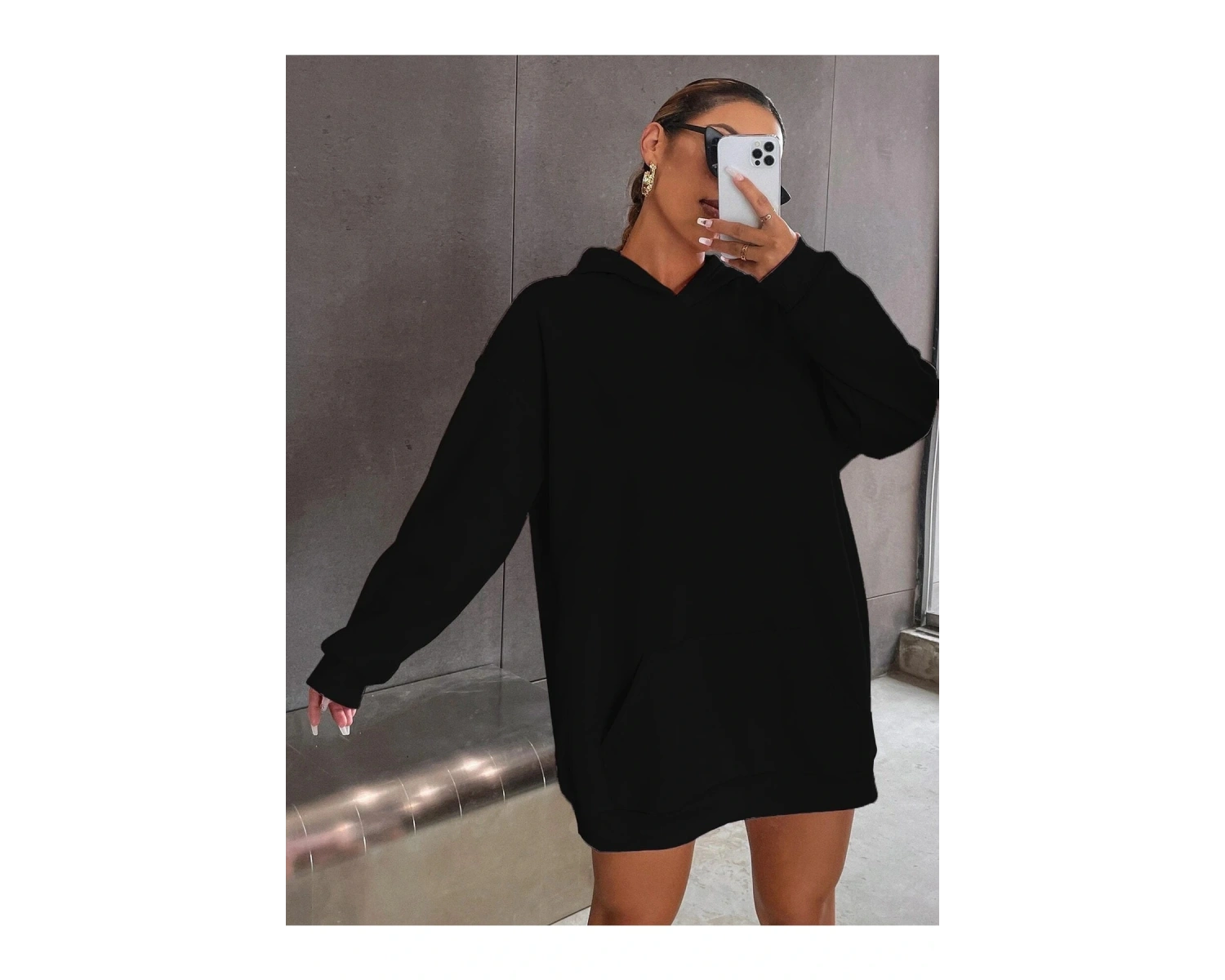 Yasolin----Siyah Happy Baskılı Oversize Kapüşonlu Sweatshirt