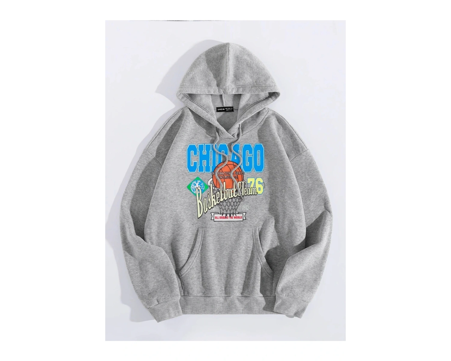 Yasolin----Unisex Chicago76 Baskılı Oversize Kapüşonlu Sweatshirt Gri