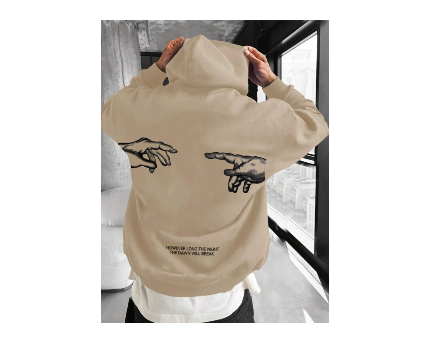 Yasolin----Unisex Erkek/Kadın BREAK Özel Renkli Baskılı Oversize Kapüşonlu Sweatshirt Bej