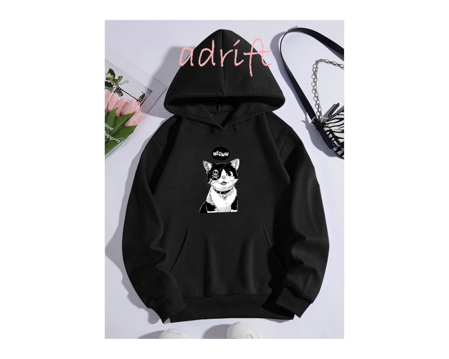 Yasolin----Unisex Oversize Kapüşonlu Kanguru Cepli Cat Meow Baskılı Siyah