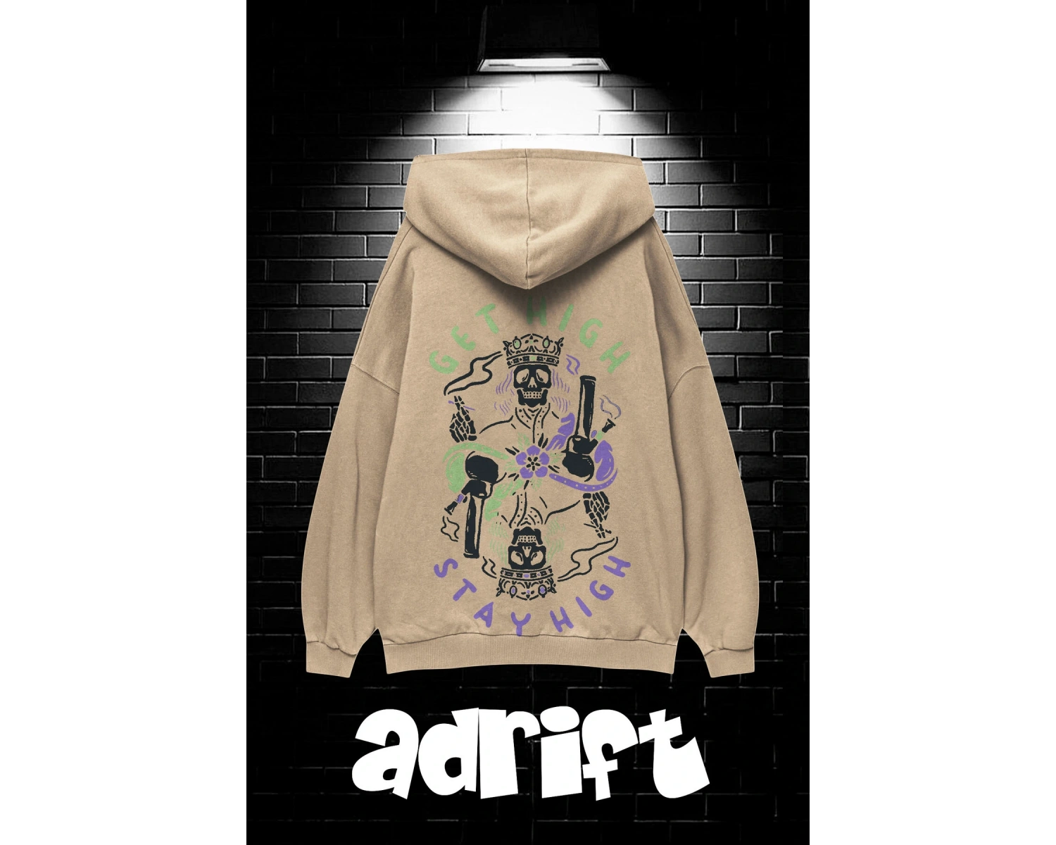 Yasolin----Unisex Oversize Kapüşonlu Kanguru Cepli Get High Stay High Baskılı Sweatshirt Hoodie Bej