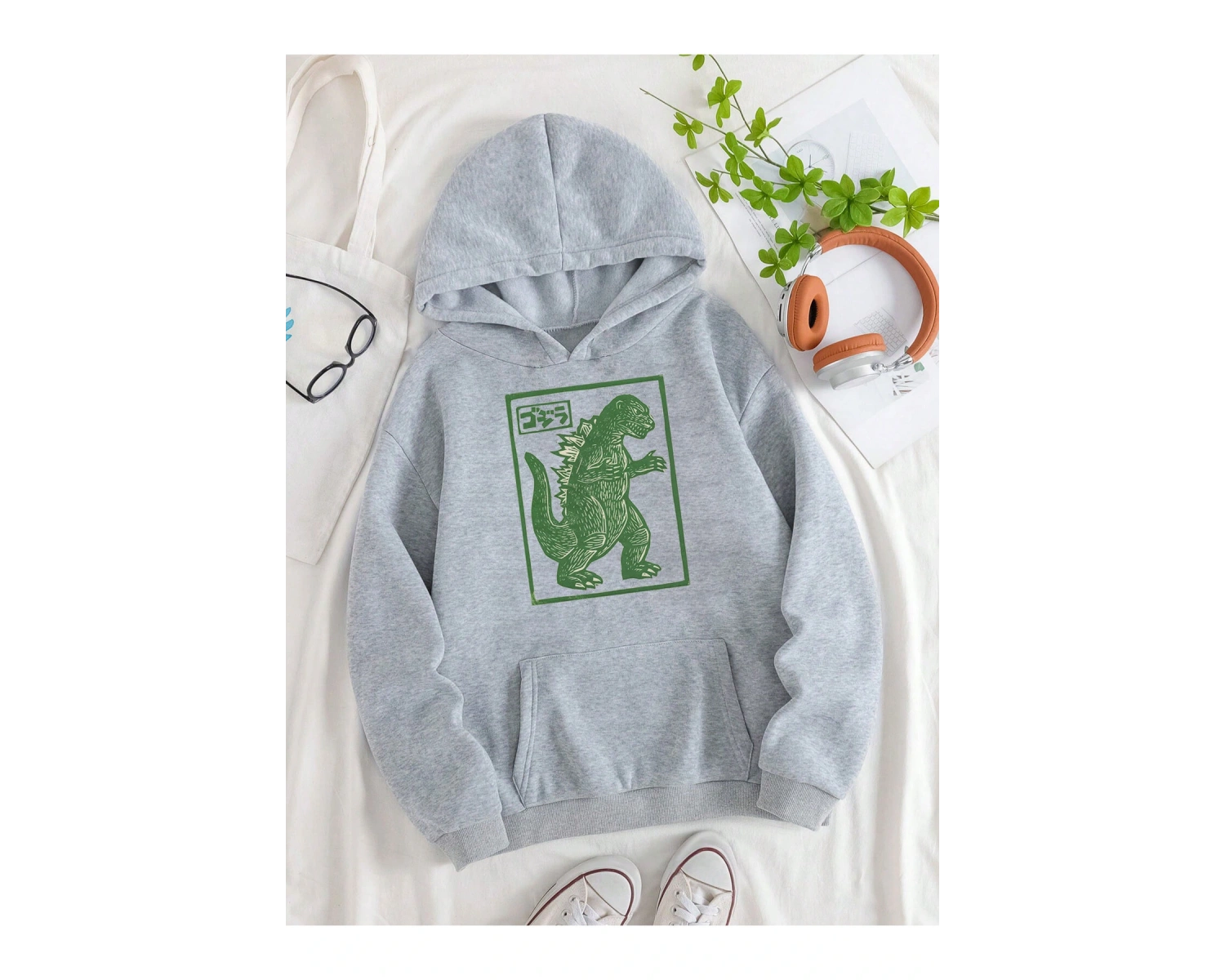 Yasolin----Unisex Oversize Kapüşonlu Kanguru Cepli Goodzila Baskılı Gri