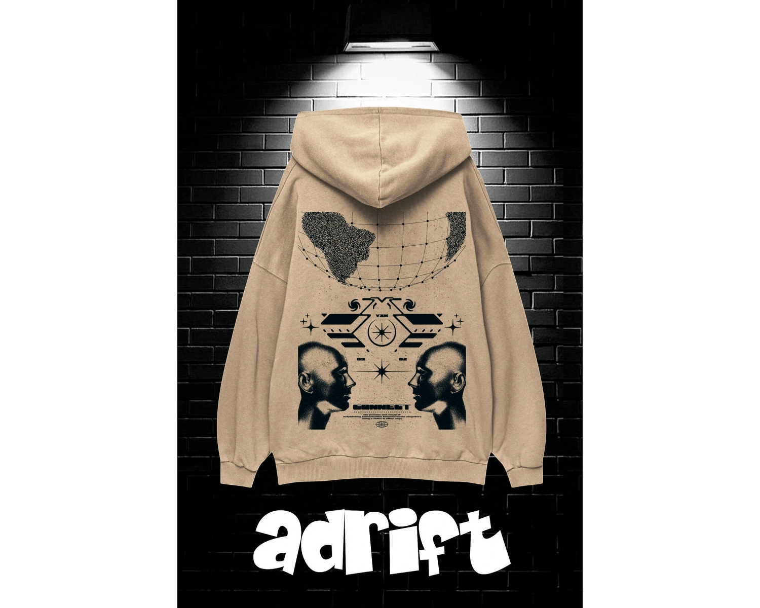 Yasolin----Unisex Oversize Kapüşonlu Kanguru Cepli Resro Futurısm Baskılı Sweatshirt Hoodie Bej