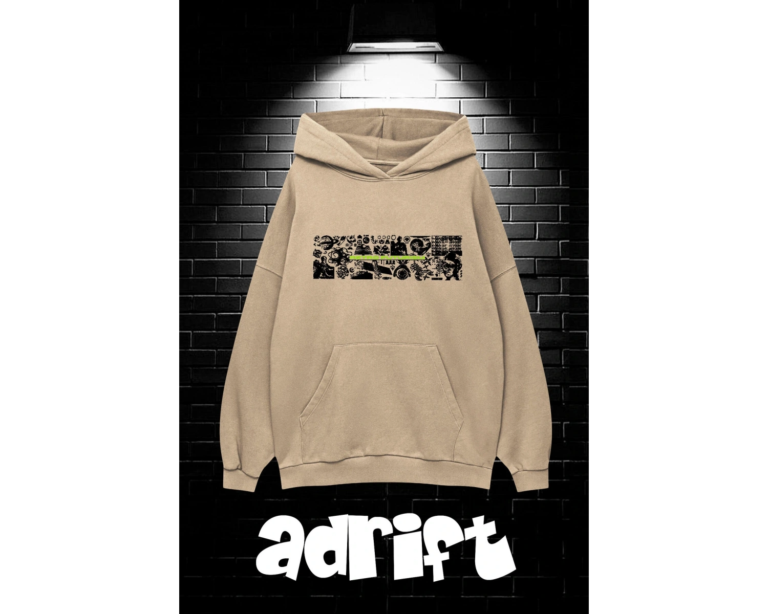 Yasolin----Unisex Oversize Kapüşonlu Kanguru Cepli Resro Futurısm Baskılı Sweatshirt Hoodie Bej