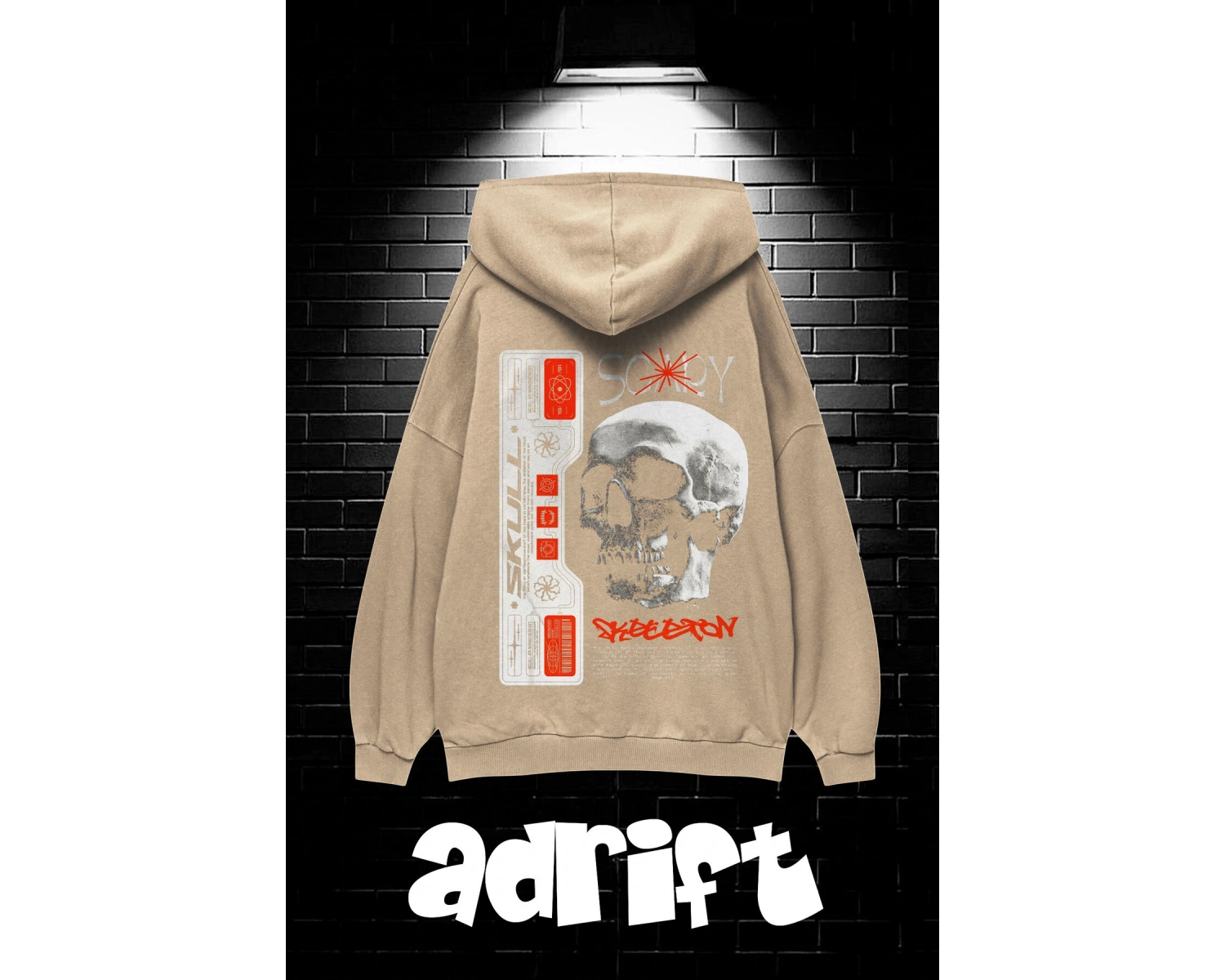 Yasolin----Unisex Oversize Kapüşonlu Kanguru Cepli Scaryskul Baskılı Sweatshirt Hoodie Bej