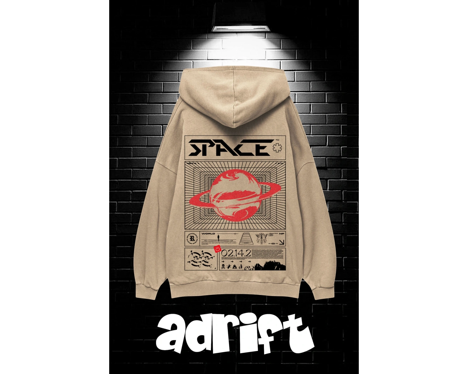 Yasolin----Unisex Oversize Kapüşonlu Kanguru Cepli Space Worldred Baskılı Sweatshirt Hoodie Bej