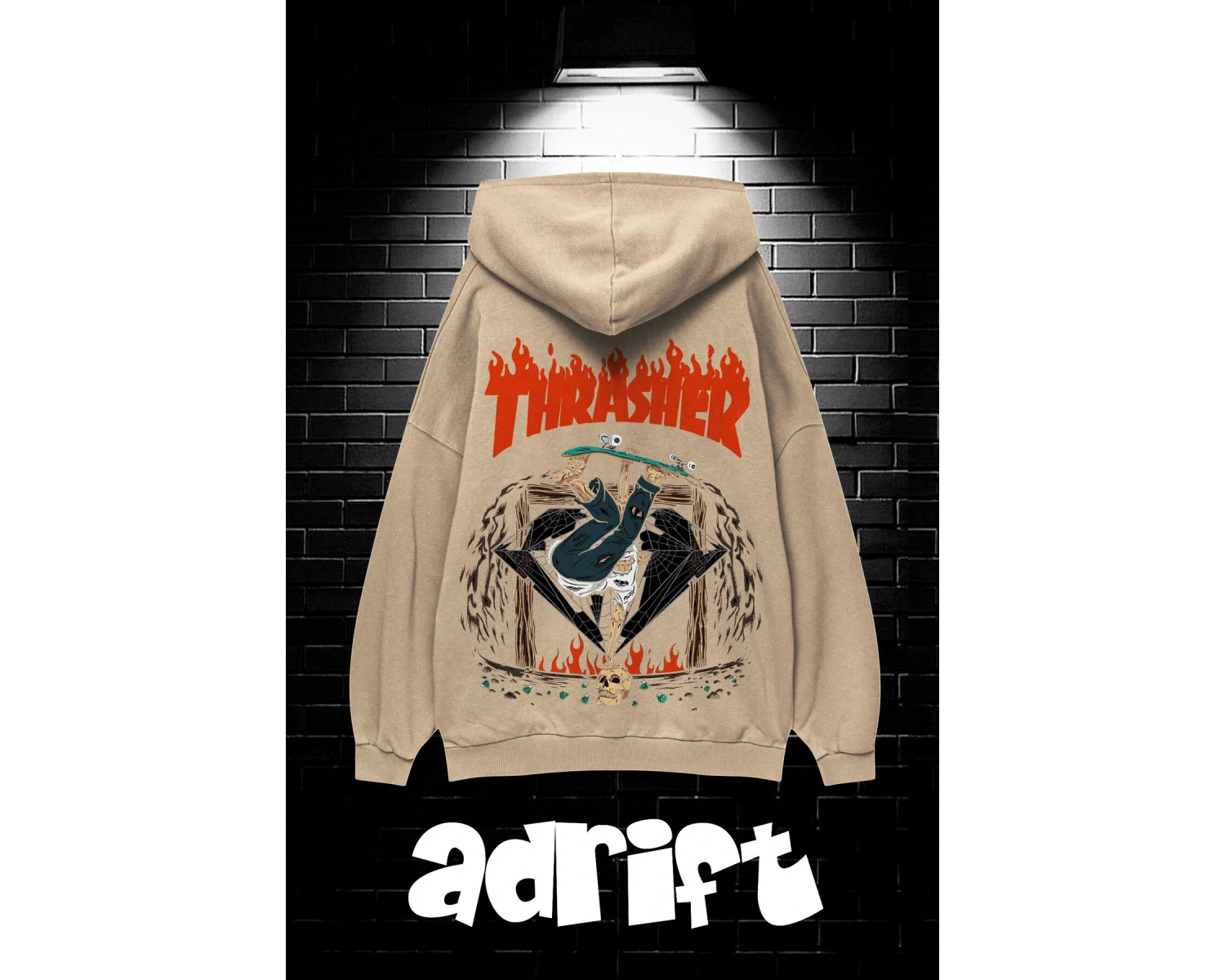 Yasolin----Unisex Oversize Kapüşonlu Kanguru Cepli Thrasher Baskılı Sweatshirt Hoodie Bej