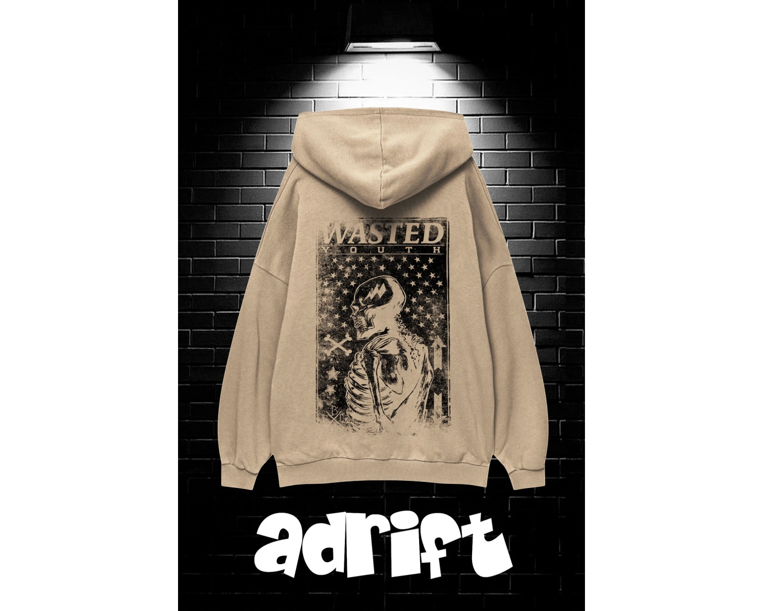 Yasolin----Unisex Oversize Kapüşonlu Kanguru Cepli Wasted Baskılı Sweatshirt Hoodie Bej