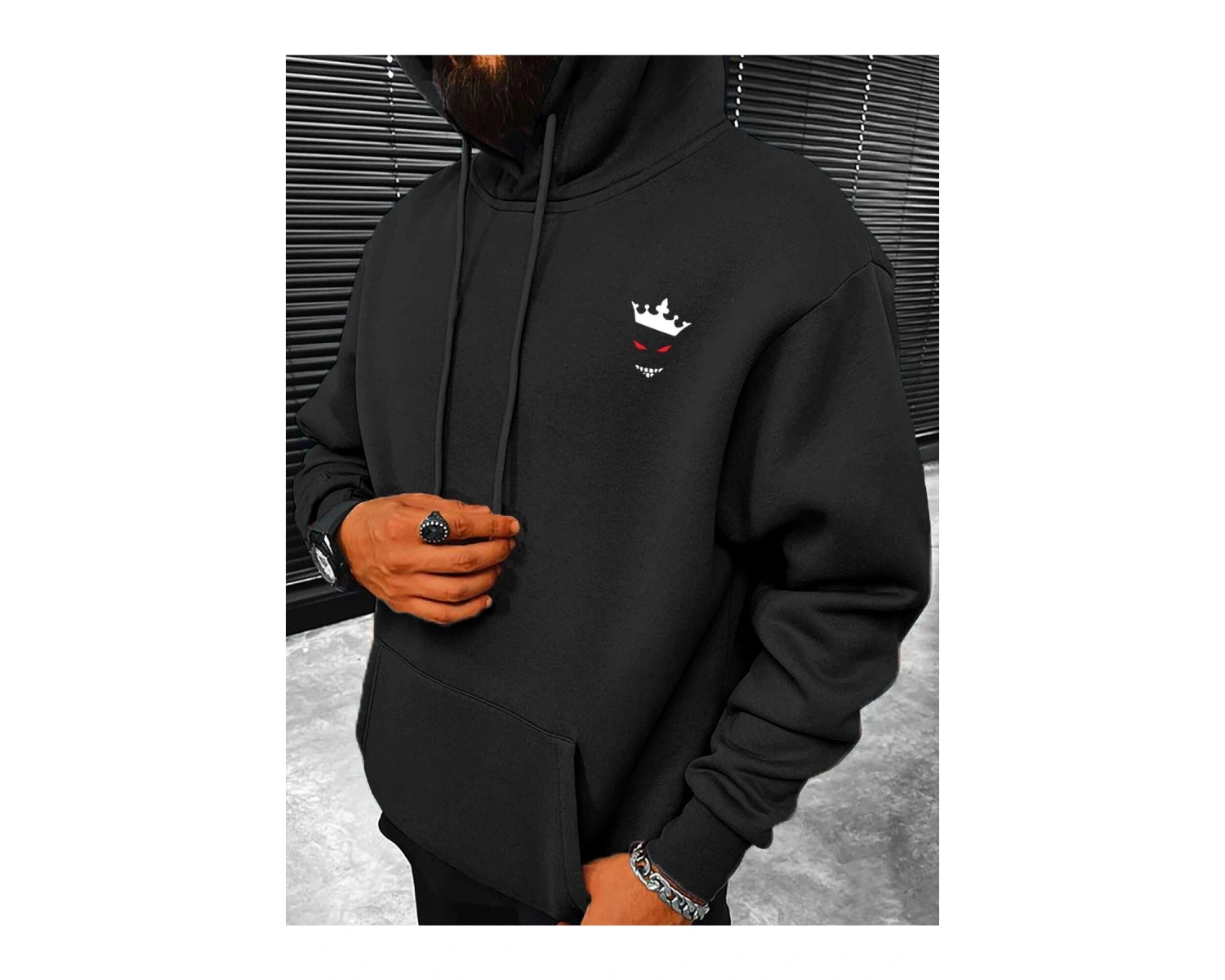 Yasolin----Unisex Siyah Devil Baskılı Kapüşonlu Sweatshirt