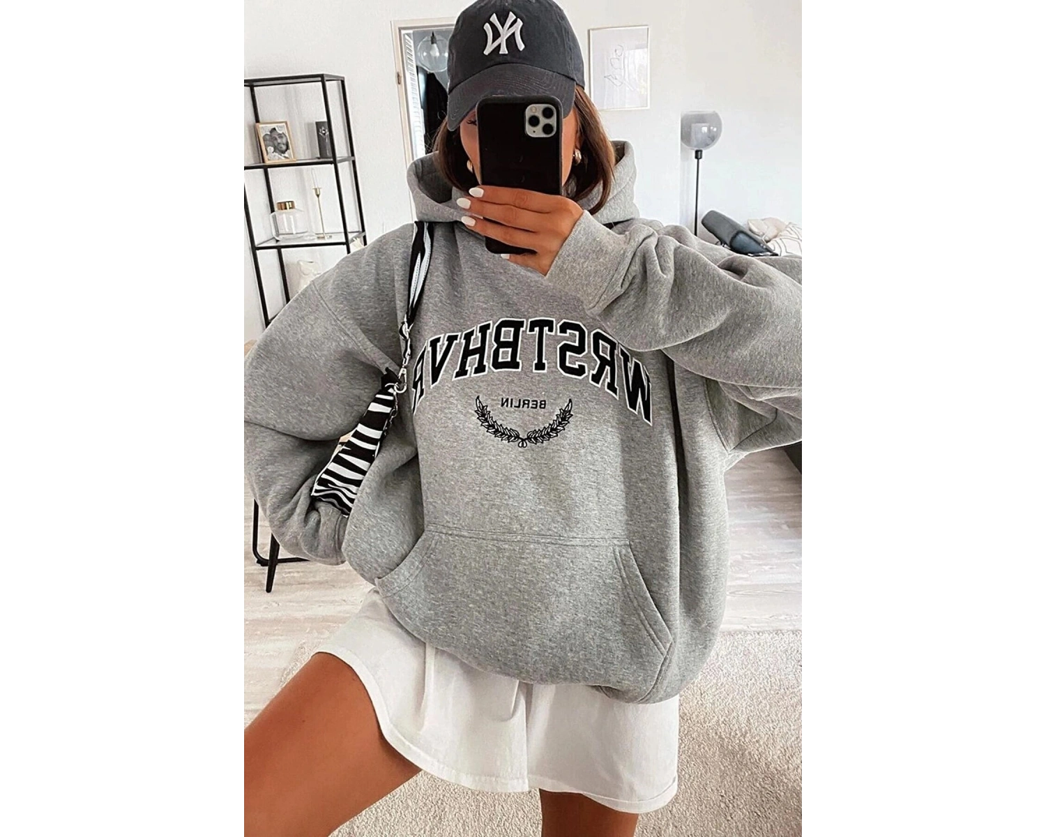 Yasolin----Unisex Wrstbhr Baskılı Oversize Kapüşonlu Sweatshirt Gri
