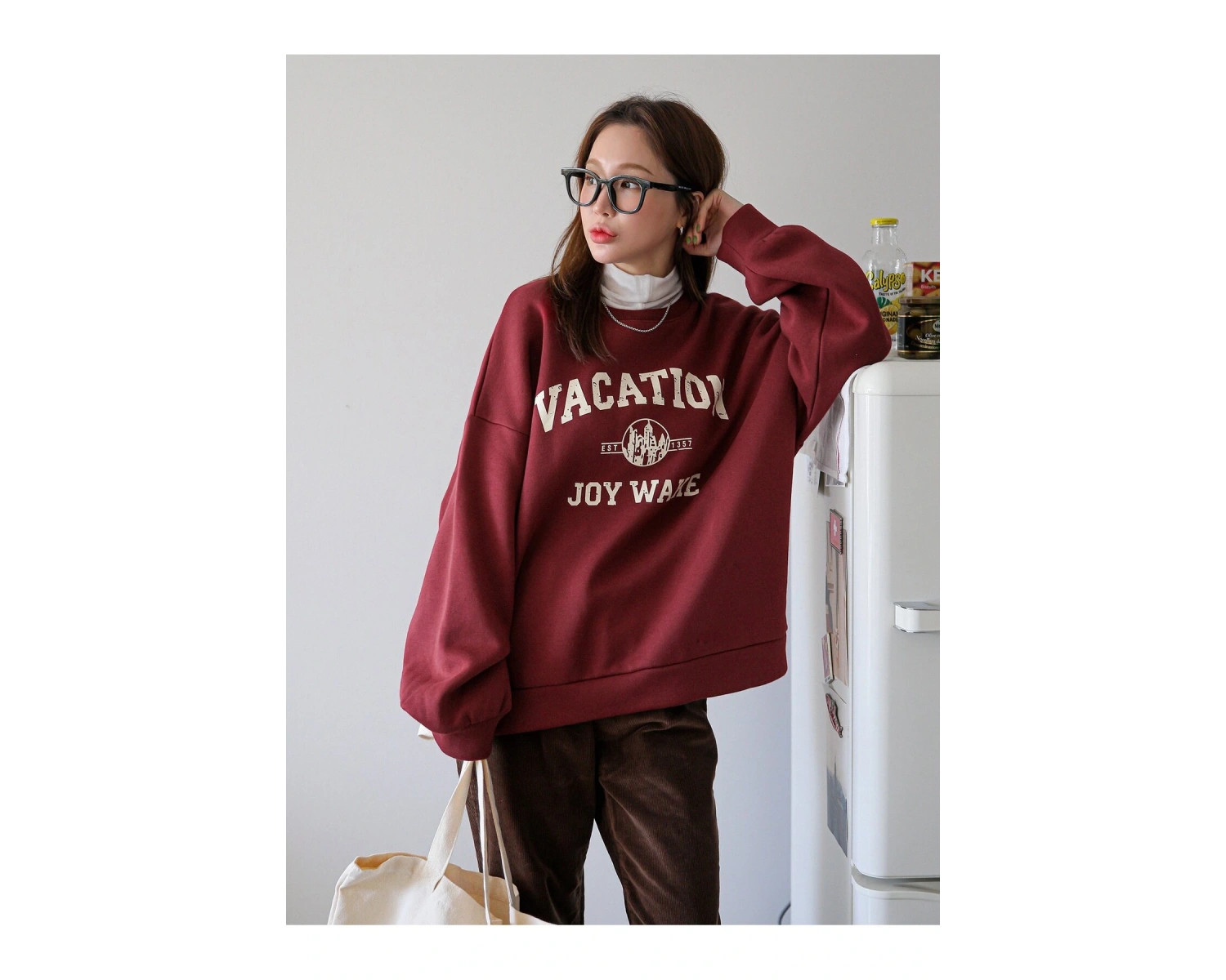 Yazılı Grafik Düşük Omuz Termal Tişörtsüz Sweat Bordo