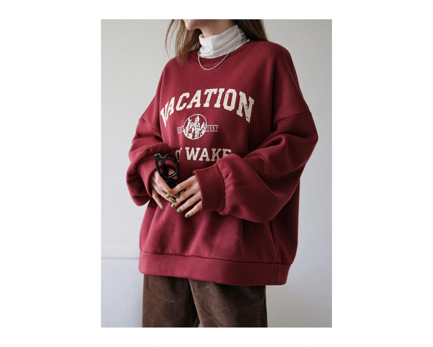 Yazılı Grafik Düşük Omuz Termal Tişörtsüz Sweat Bordo