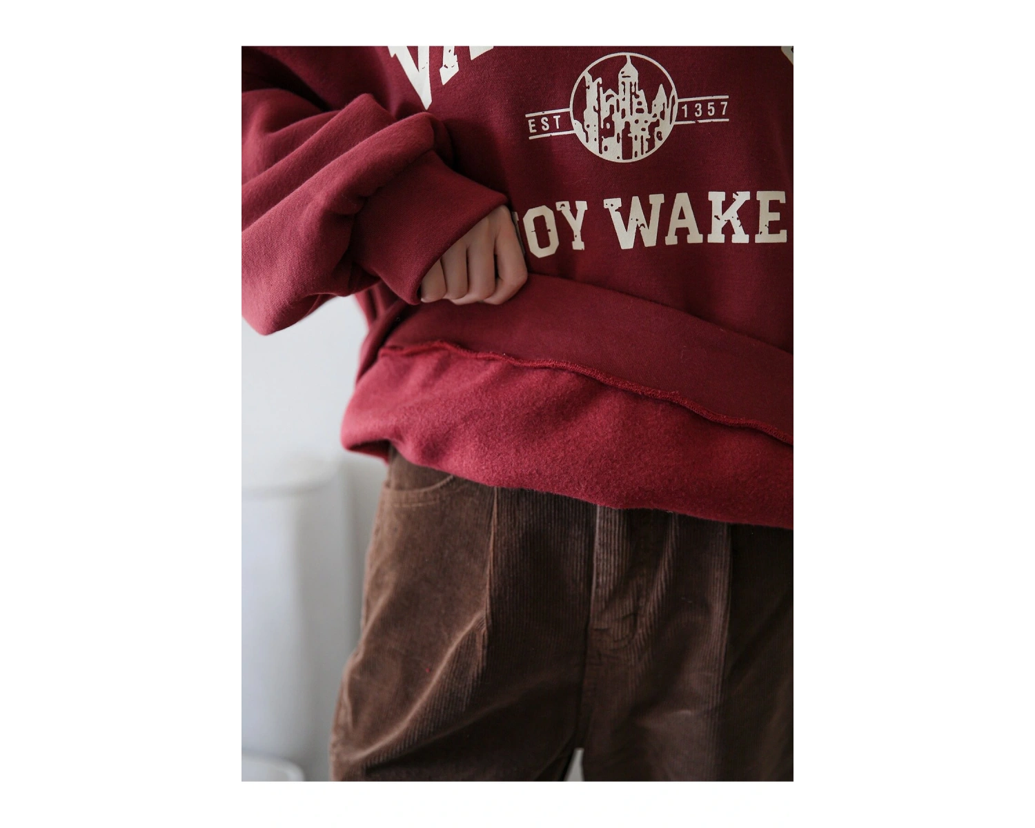 Yazılı Grafik Düşük Omuz Termal Tişörtsüz Sweat Bordo