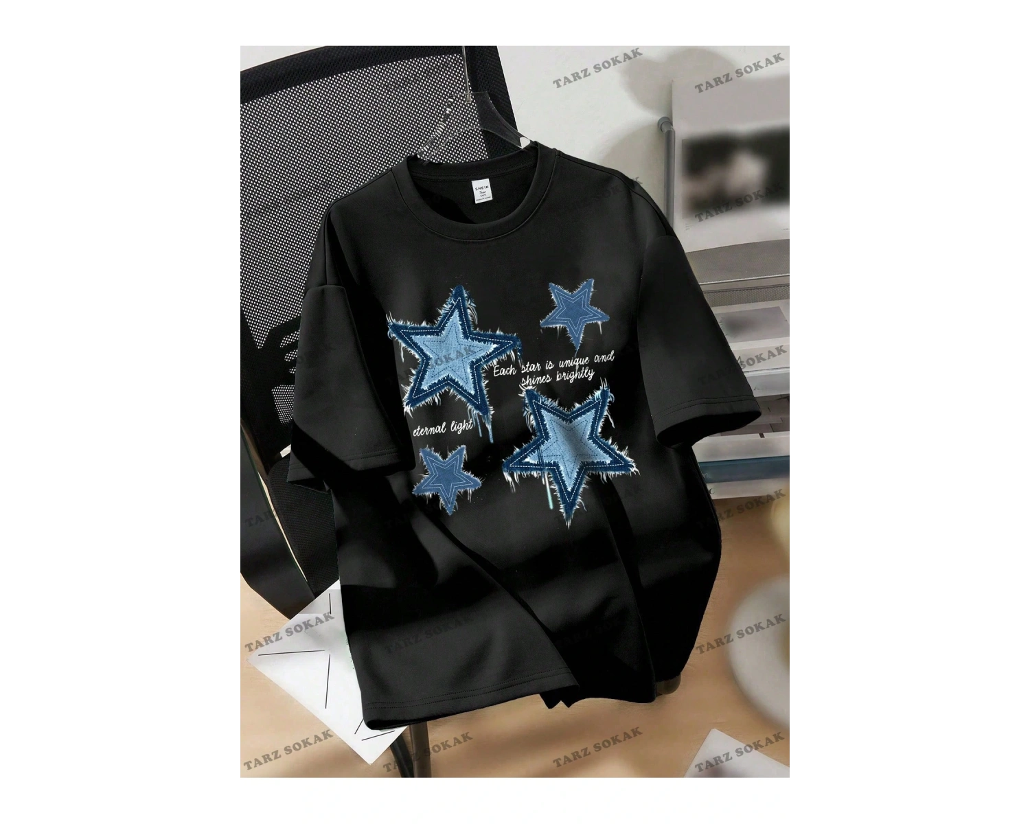 Yıldız Baskılı Oversize Kalıp Unisex T-shirt